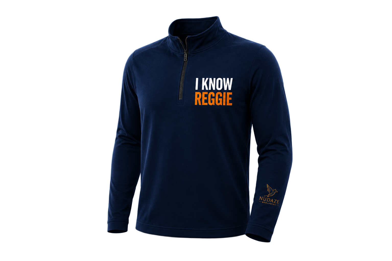 Front of the navy I Know Reggie quarter-zip