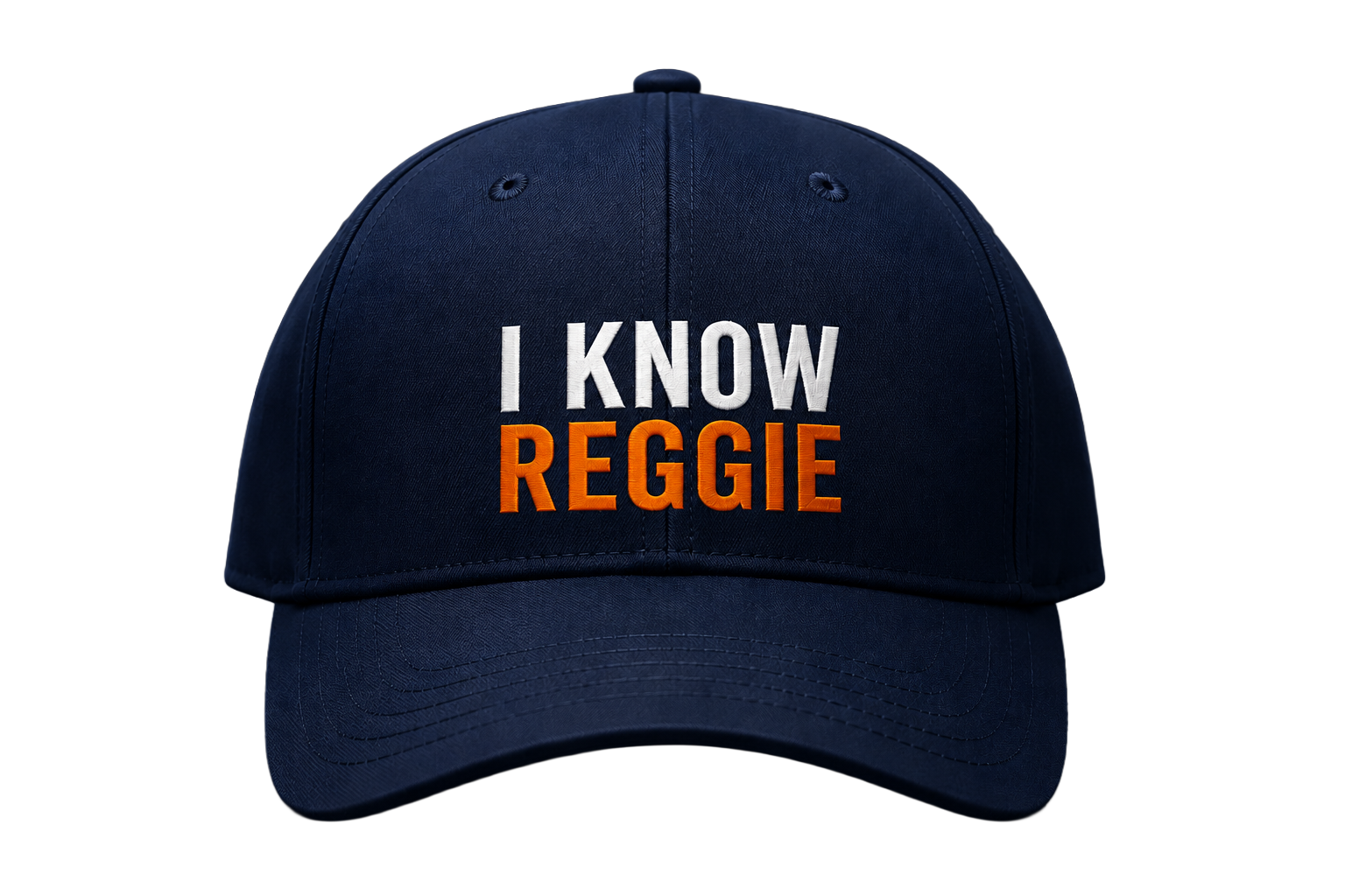 Front of the navy I Know Reggie baseball cap