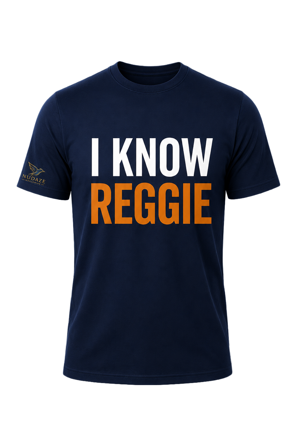 Front of the navy I Know Reggie t-shirt