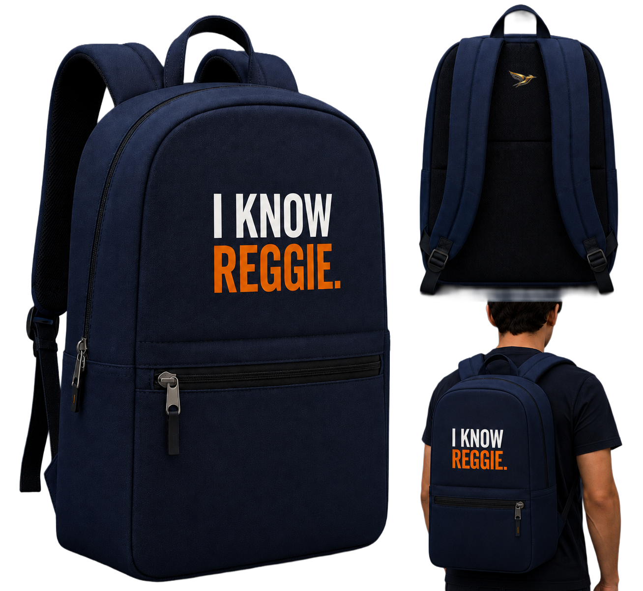 Navy I Know Reggie backpack shown from front, back, and worn on a model